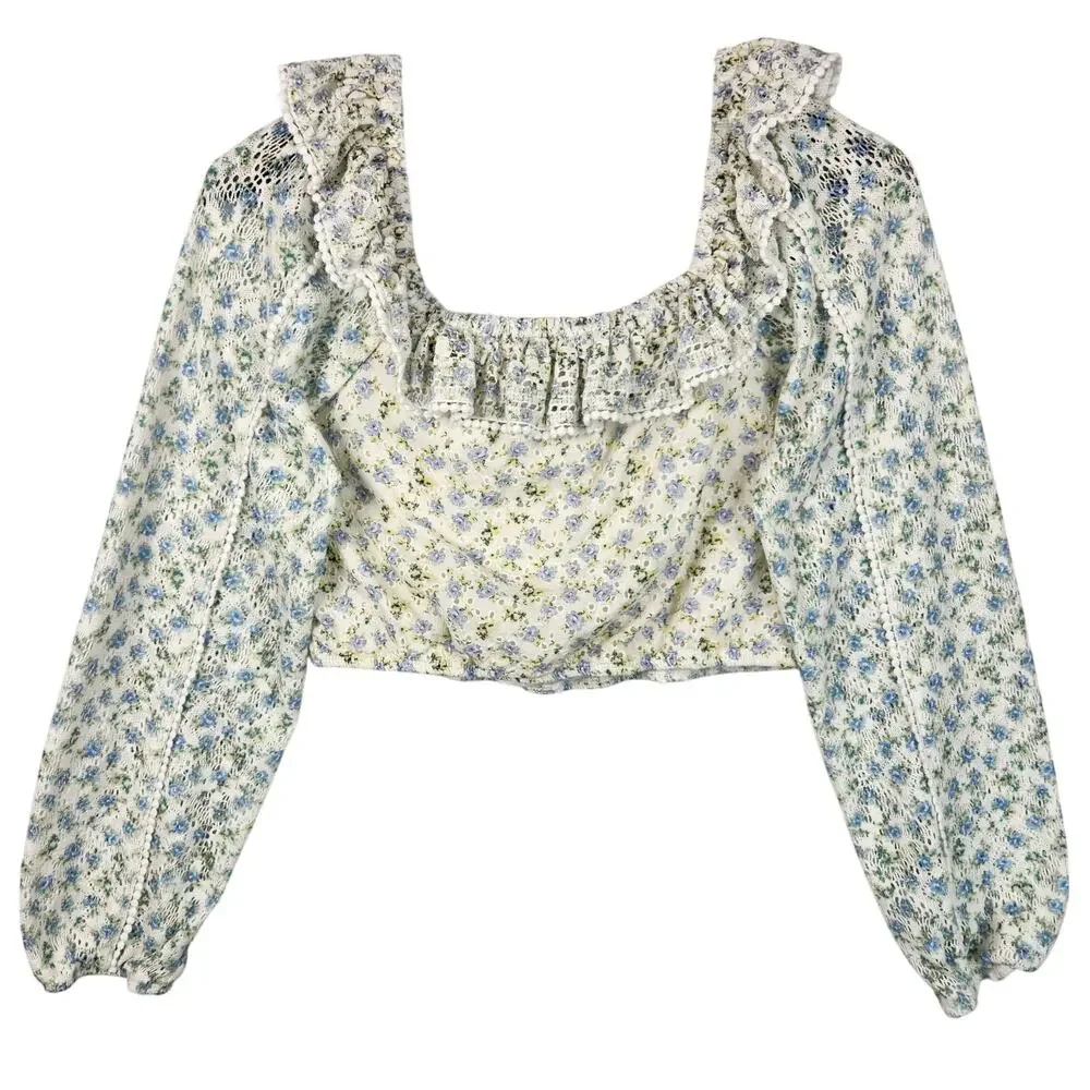 House of Harlow 1960 Floral Crop Blouse Womens M Blue Ruffle Cottagecore EUC - Picture 2 of 16